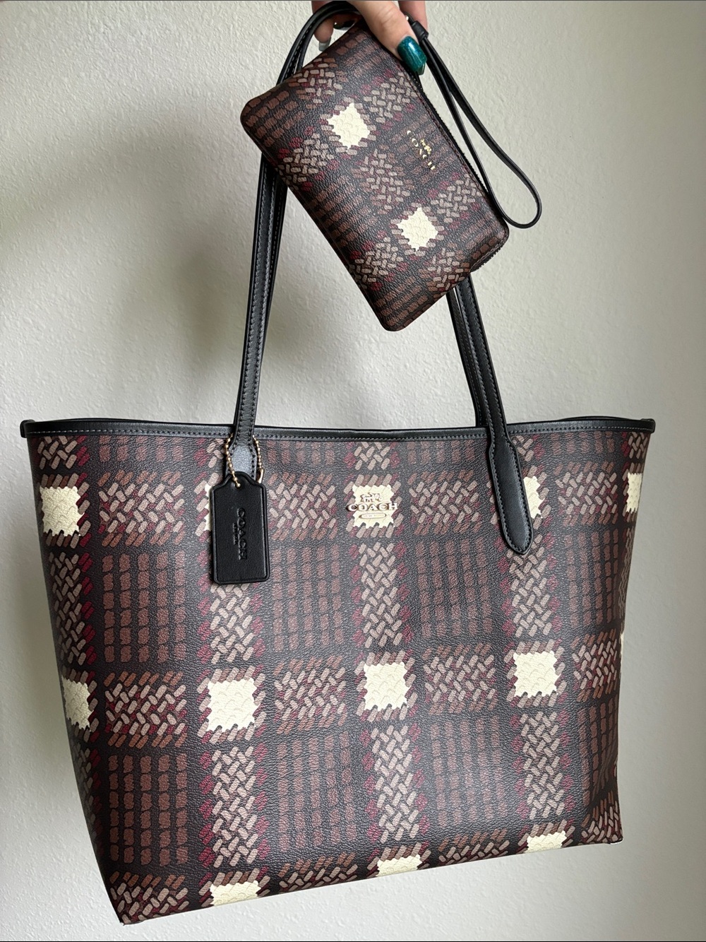 Coach City Tote & Matching Wristlet Brown Plaid Signature Tote